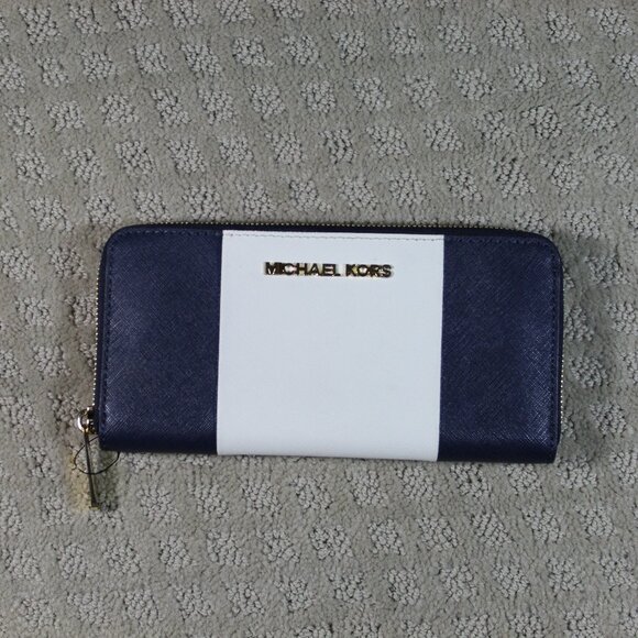 NWOT Michael Kors Jet Set Navy Blue and White Color Block Wallet - Picture 1 of 5